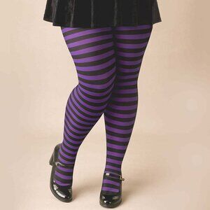 Plus Size 1x/2x 3x/4x Striped Opaque Tights Womens Black and Purple Pantyhose